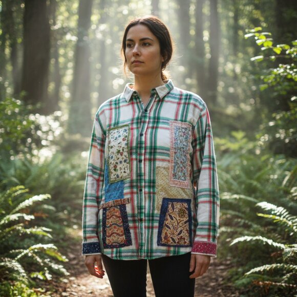 Upcycled Flannel Shirt with Patchwork Cat Design Handmade Boho Grunge Plaid - Picture 3 of 16
